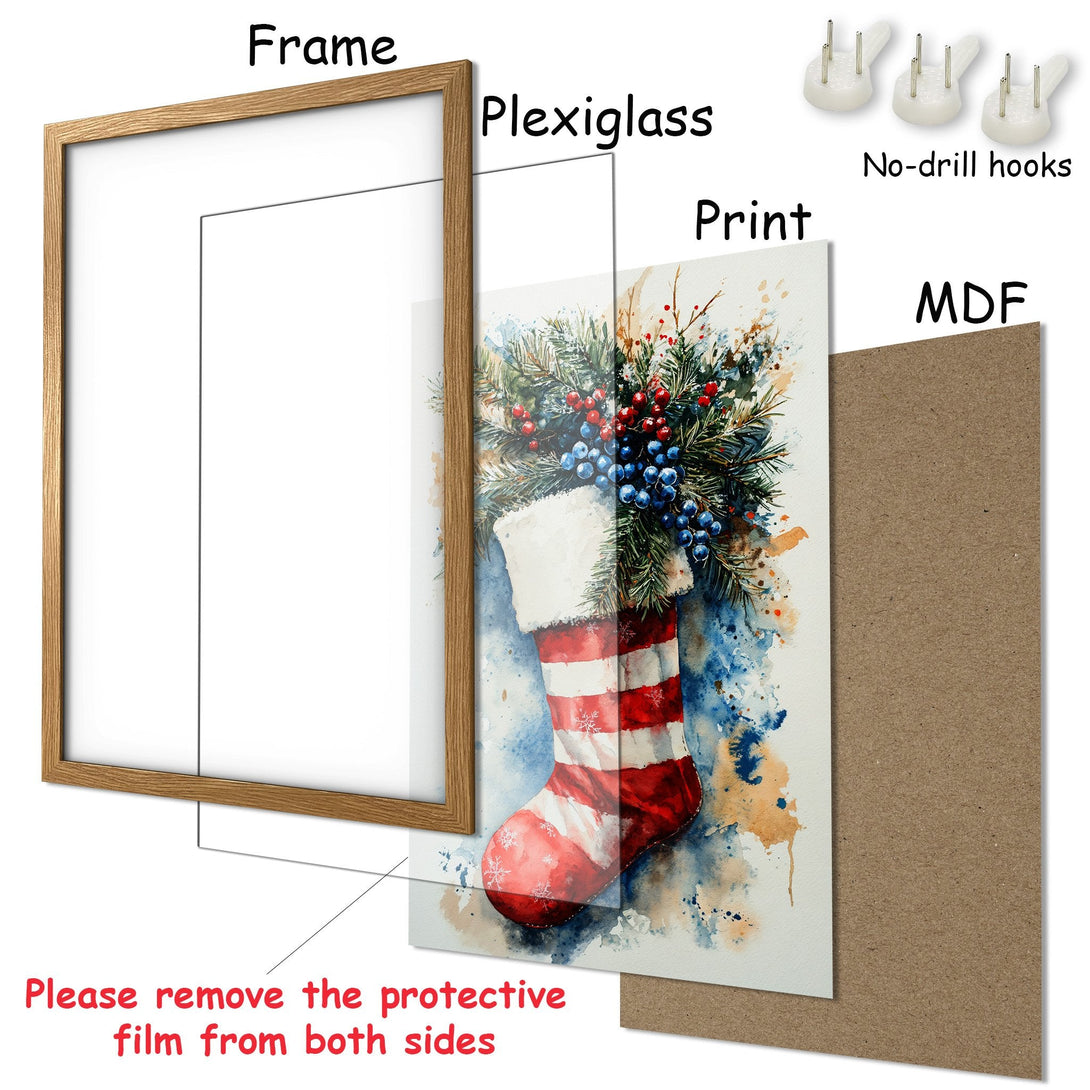 Framed Poster featuring a watercolor Christmas stocking with a festive red, blue, and white color palette. Perfect holiday decor!