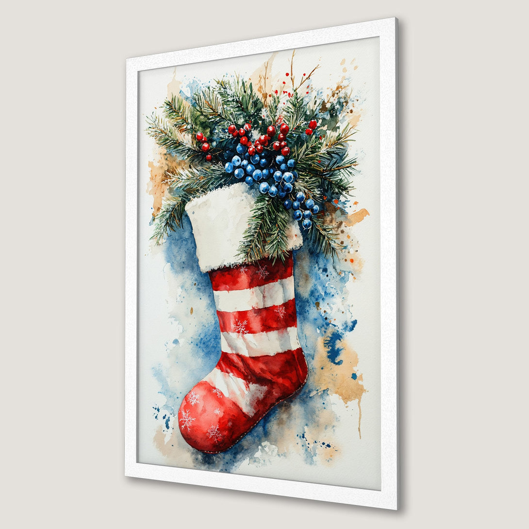 Framed Poster featuring a watercolor Christmas stocking with berries and pine. Festive art in red, blue, and green. Perfect holiday decor.