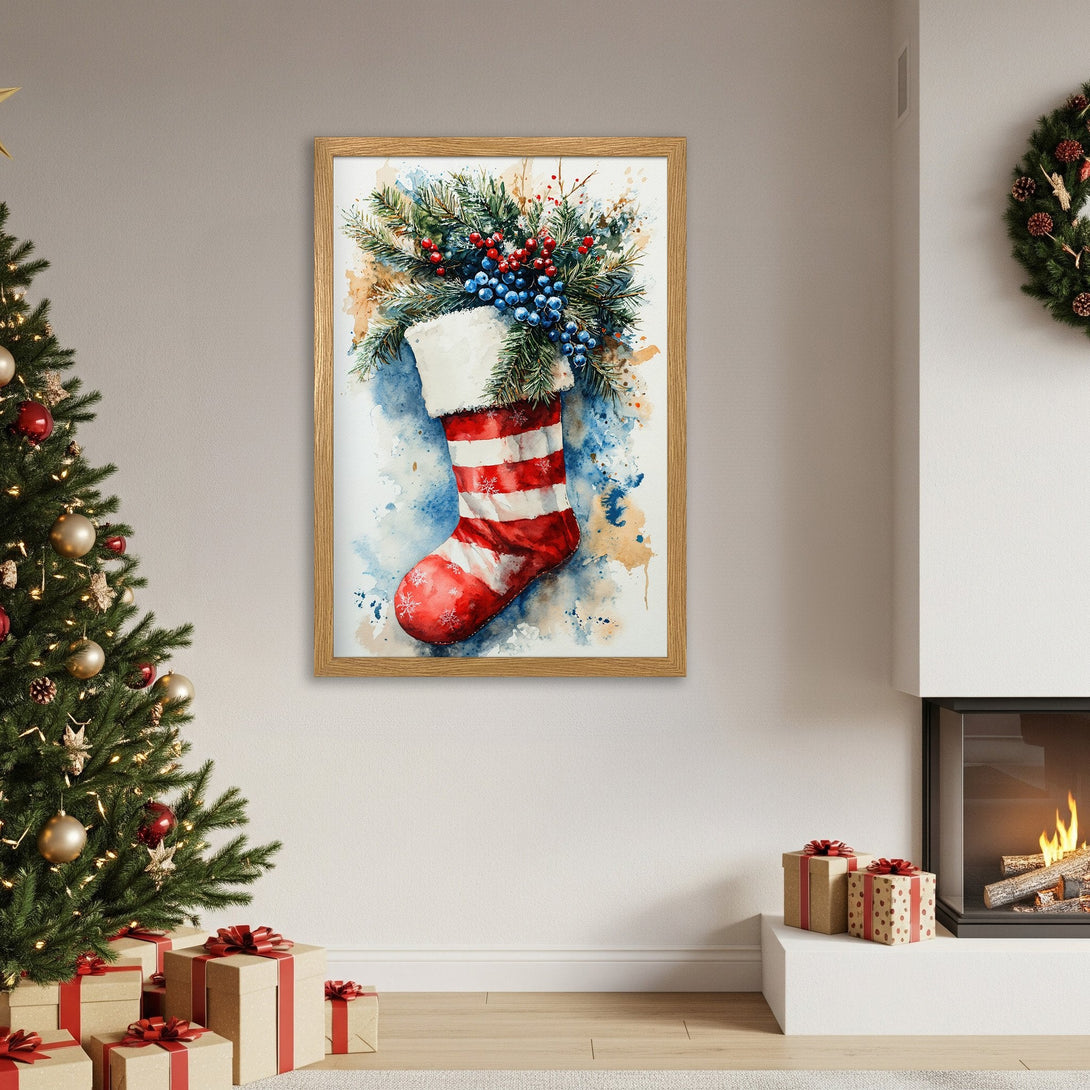 Framed Poster featuring a watercolor Christmas stocking with red, blue, and green accents. Perfect holiday decor!