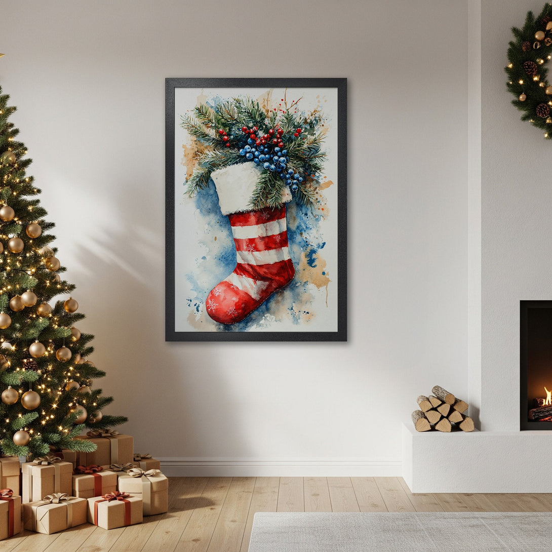 Framed Poster featuring a watercolor Christmas stocking art print. Festive red, blue, and green color palette. Perfect holiday decor!