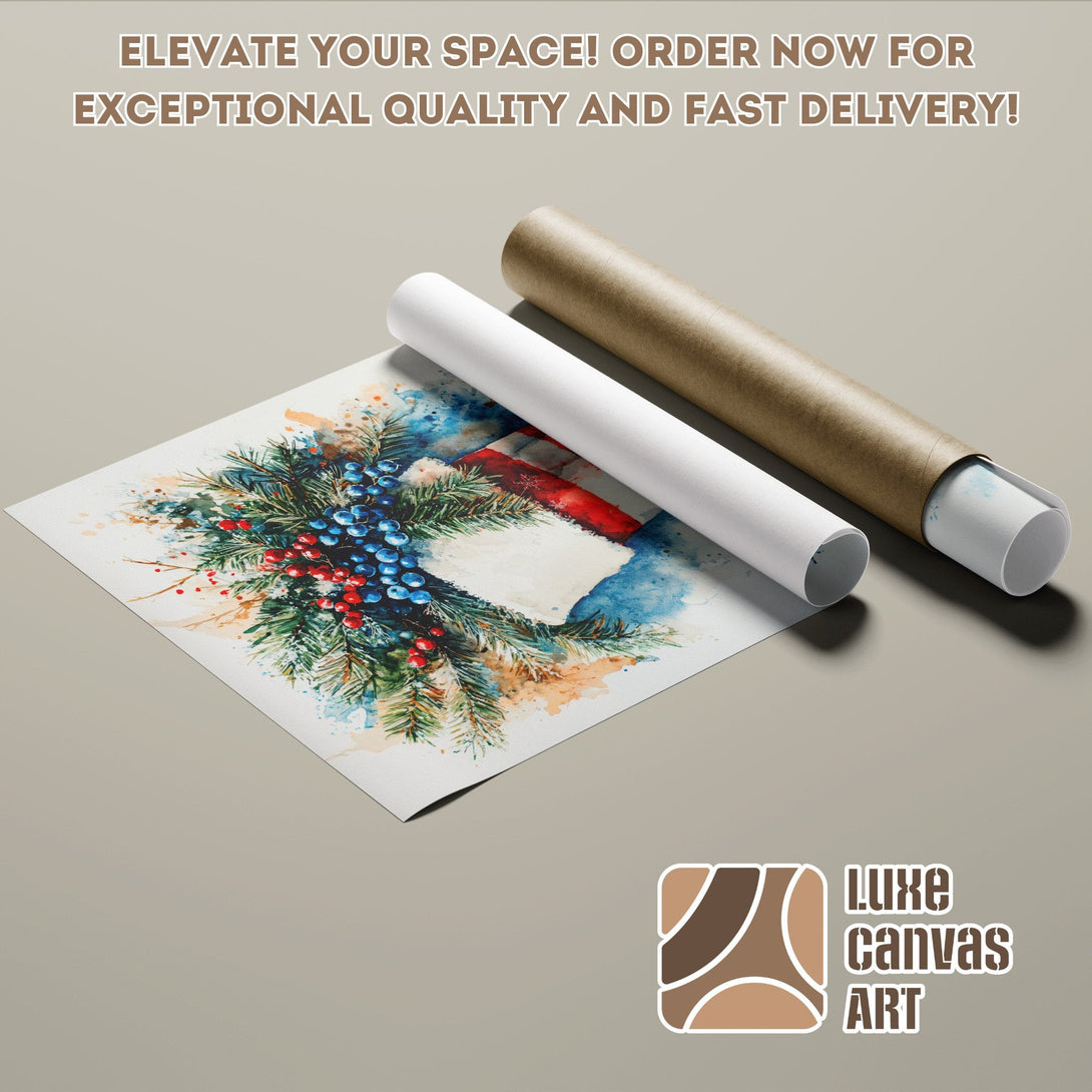 Watercolor Poster Roll with berries, blues, and greens. Elevate your space with art!