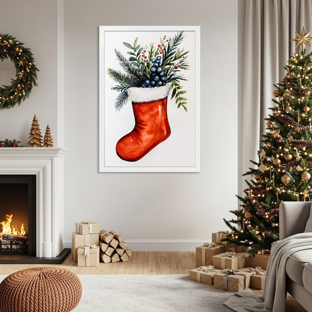 Framed Poster of a watercolor Christmas stocking with greenery. Festive decor in red, green, and white. Perfect holiday art!