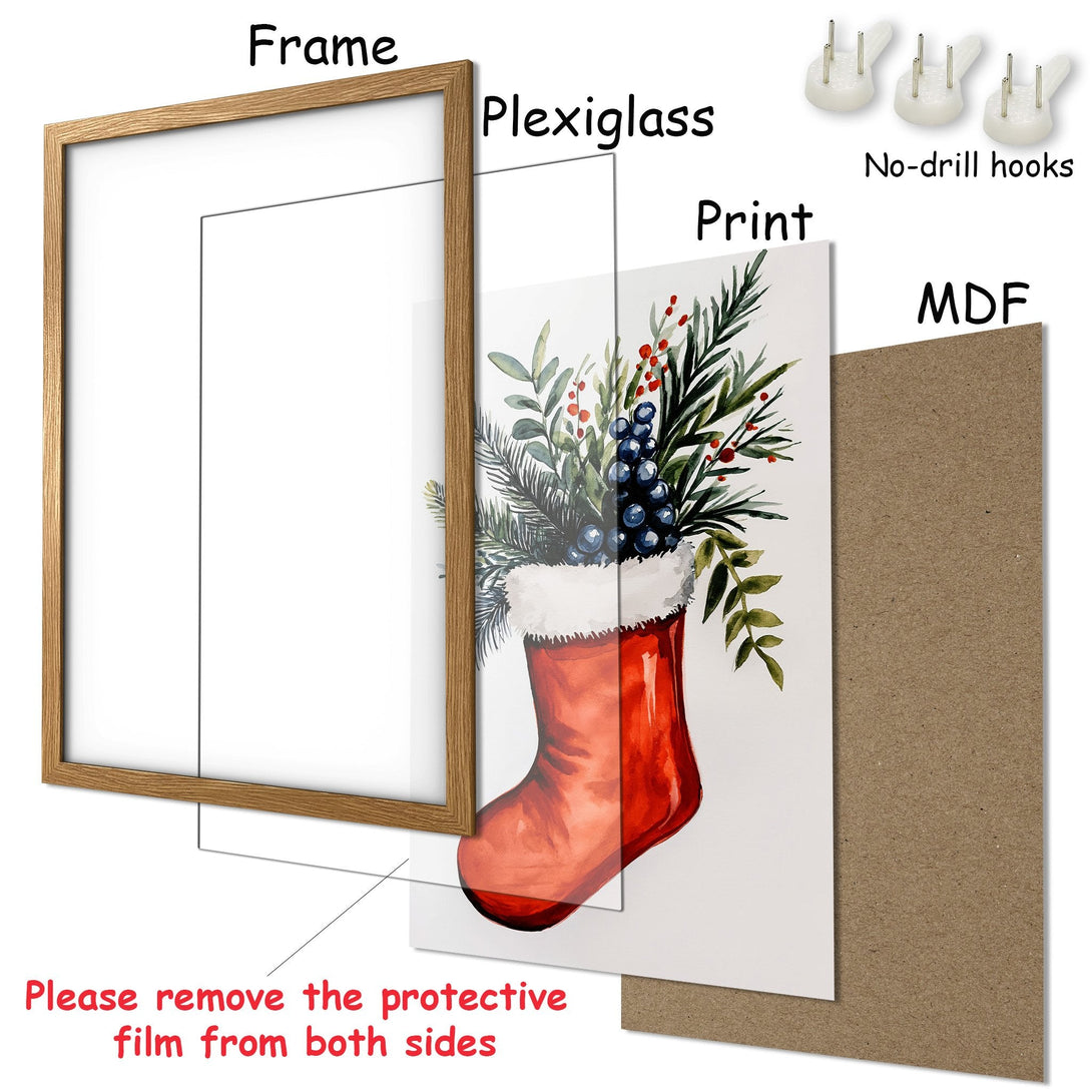 Framed Poster featuring a watercolor Christmas stocking with a warm red, green, and blue palette. Perfect holiday decor!