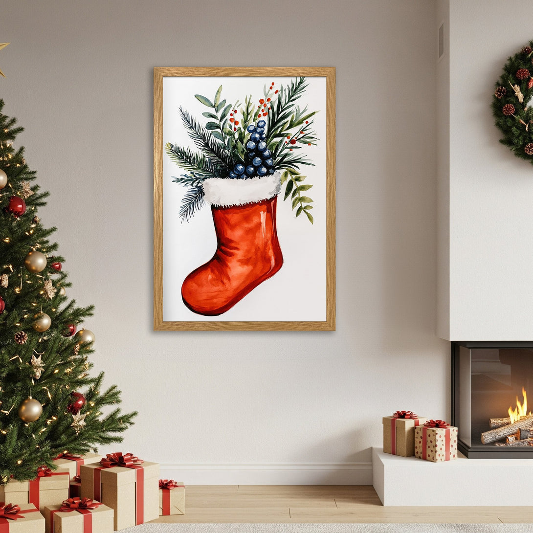 Framed Poster featuring a watercolor Christmas stocking with greenery. Warm red, green, and white color palette. Perfect holiday decor!