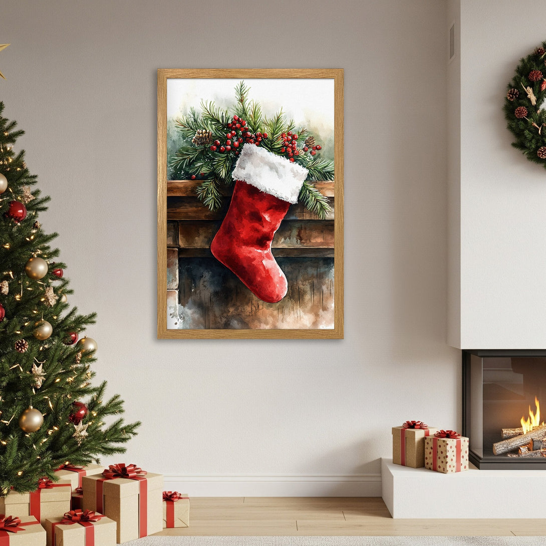 Framed Poster featuring a watercolor Christmas stocking. Festive art with red, green, and neutral tones. Perfect holiday decor!
