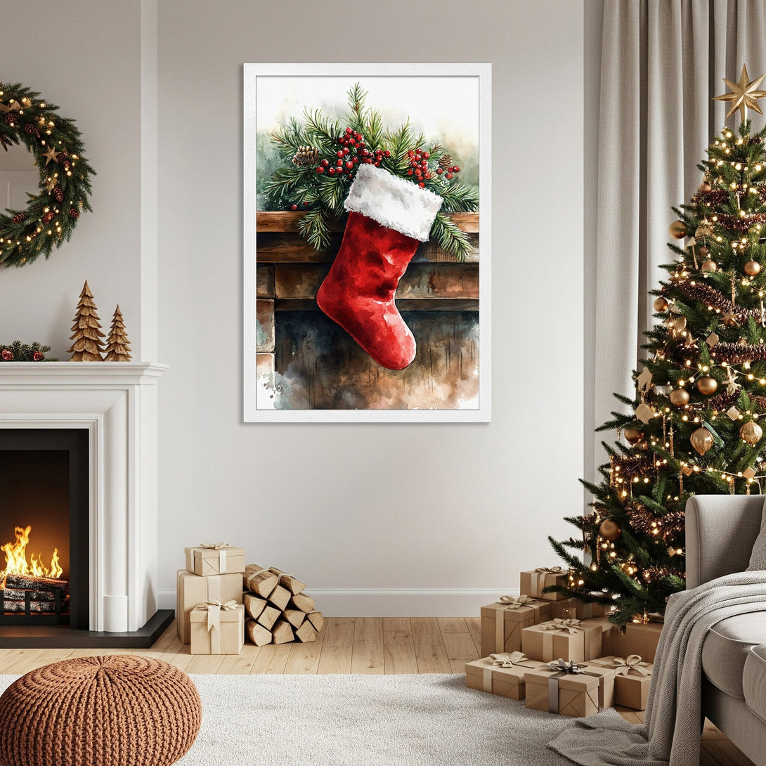 Framed Poster featuring a watercolor Christmas stocking, warm colors, and festive decor. Perfect holiday wall art!