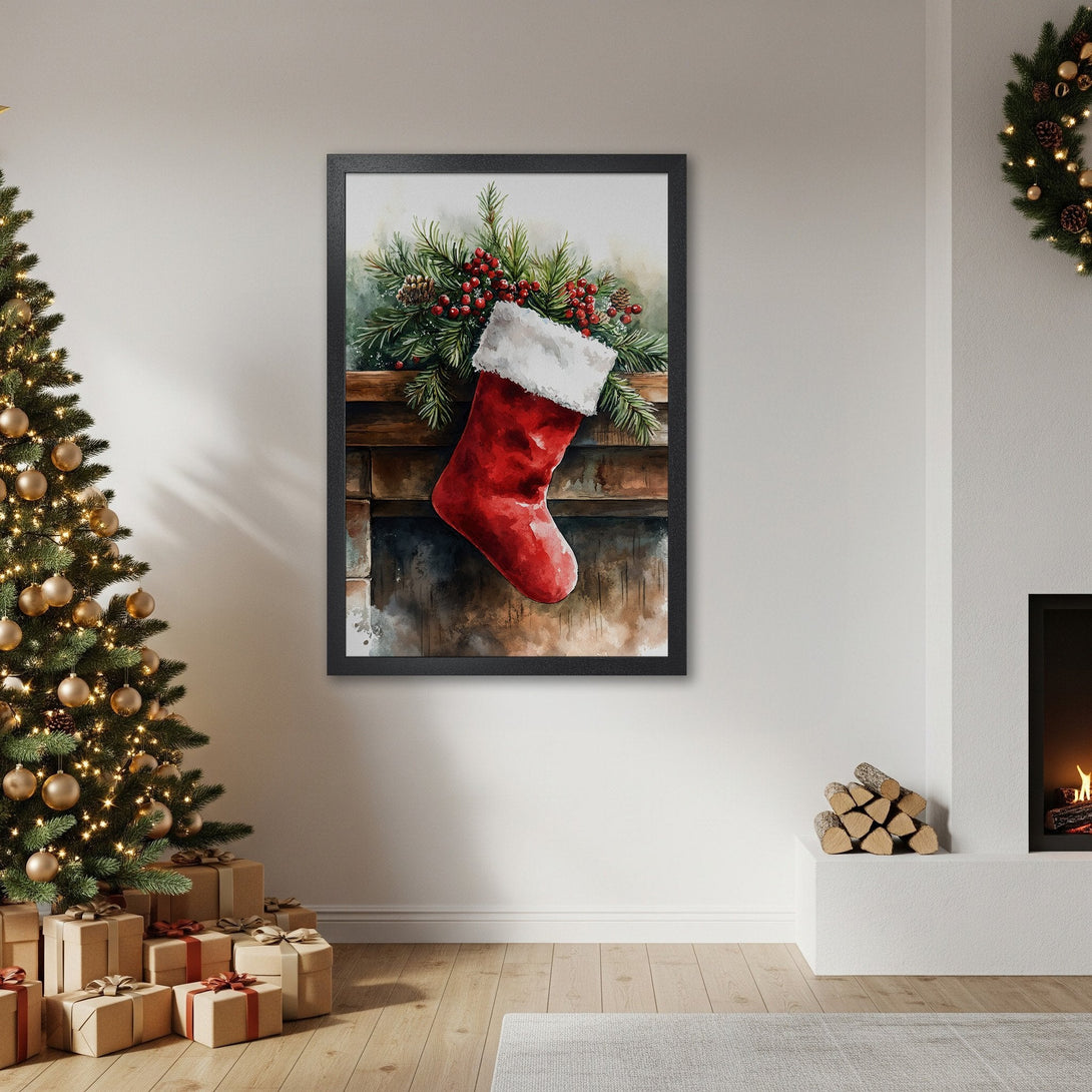 Framed Poster featuring a watercolor Christmas stocking, warm red & green palette, perfect holiday decor.
