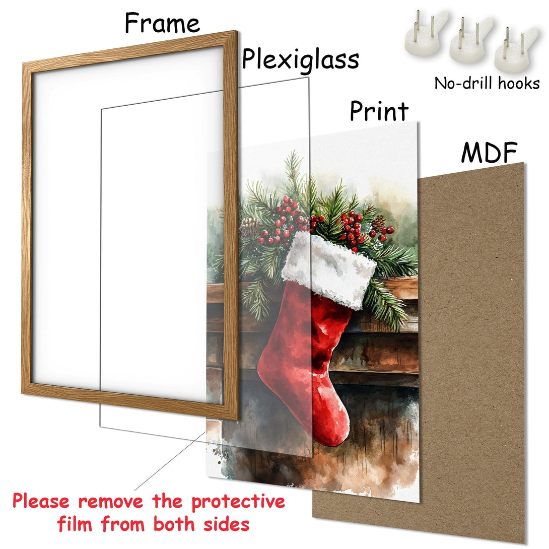 Framed Poster: Watercolor Christmas Stocking art print with warm, rustic color palette. Perfect holiday decor!