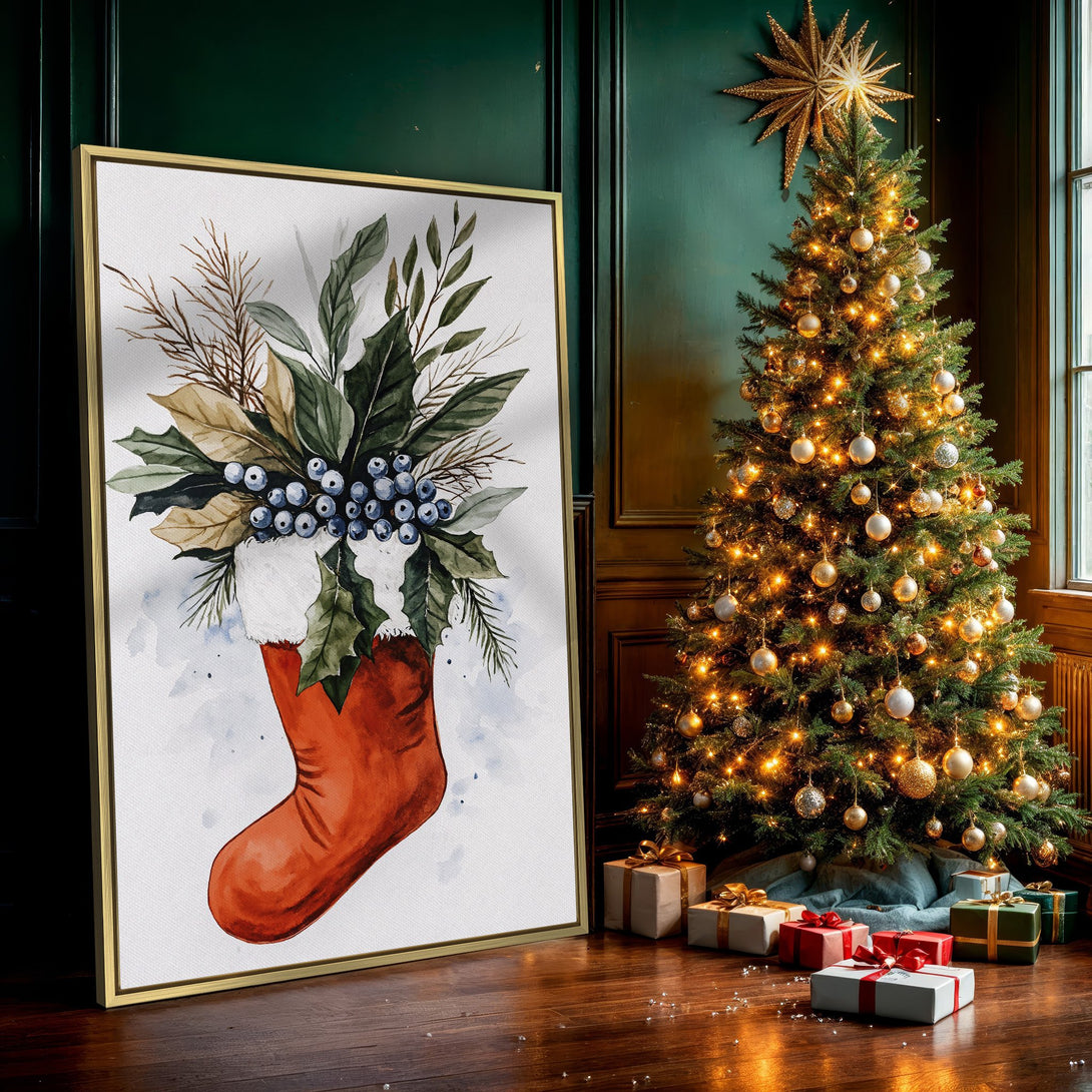 Canvas Print featuring a watercolor Christmas stocking with greenery and berries, warm red, green, and blue tones. Perfect holiday decor!