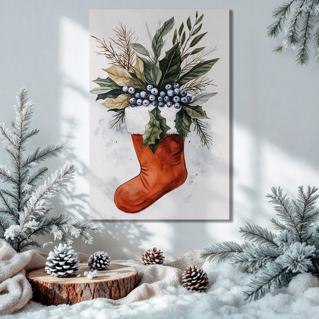 Framed Wall Art: Watercolor Christmas stocking print with berries & greenery. Festive decor in warm red, green, and gold hues.