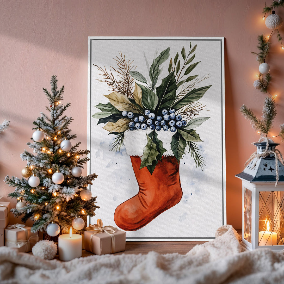 Framed Wall Art: Watercolor Christmas stocking print with berries & greenery. Warm, inviting color palette perfect for holiday decor. Shop now!