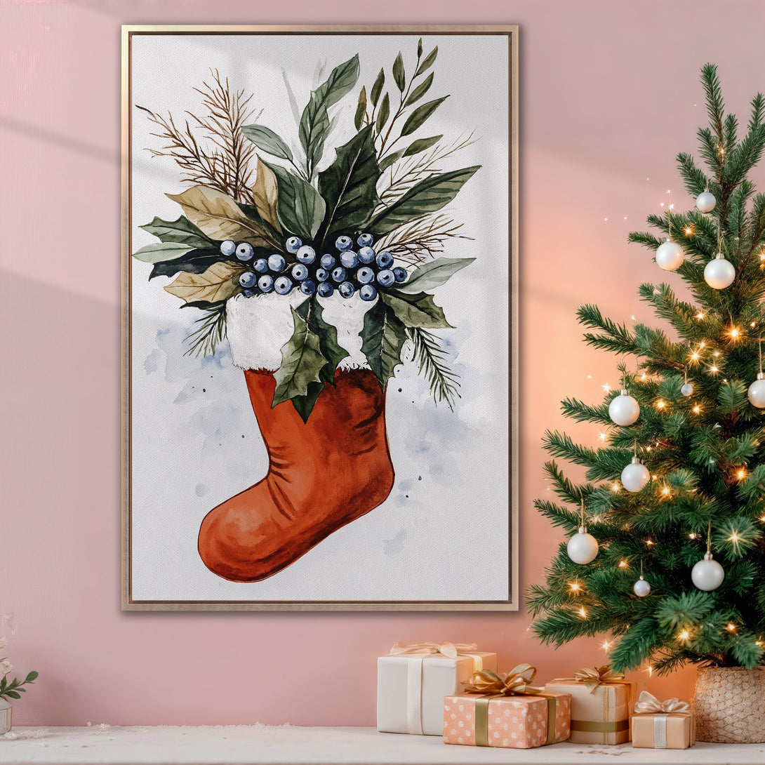 Framed Wall Art: Watercolor Christmas stocking with berries & greenery. Warm, inviting color palette. Perfect holiday decor for your home!