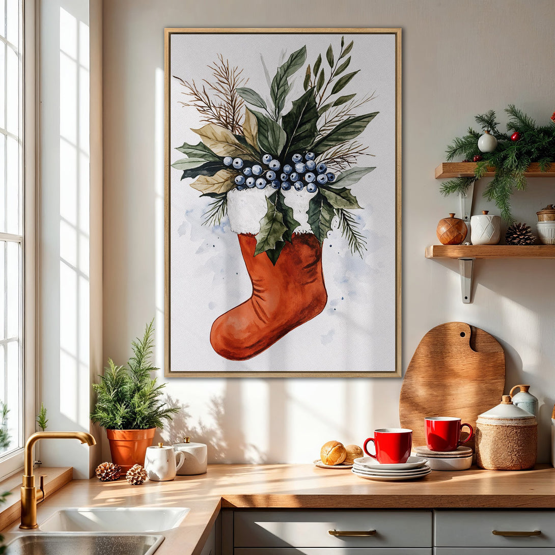 Framed Wall Art: Watercolor Christmas stocking print with greenery & berries. Rustic style, warm red, green & neutral palette. Perfect holiday decor!