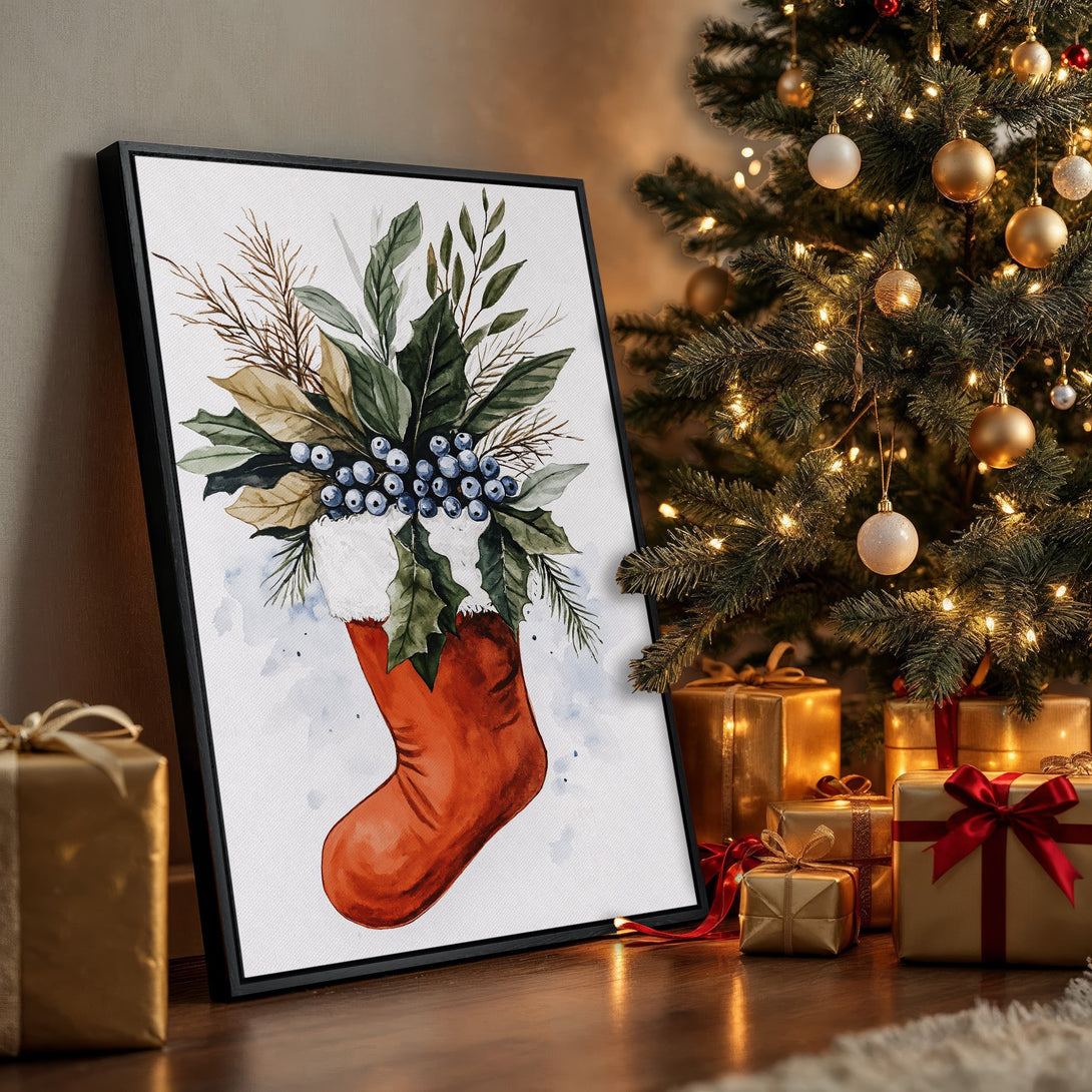 Framed Wall Art: Watercolor Christmas stocking art with berries, green leaves, and red accents. Festive holiday decor in warm, inviting colors.