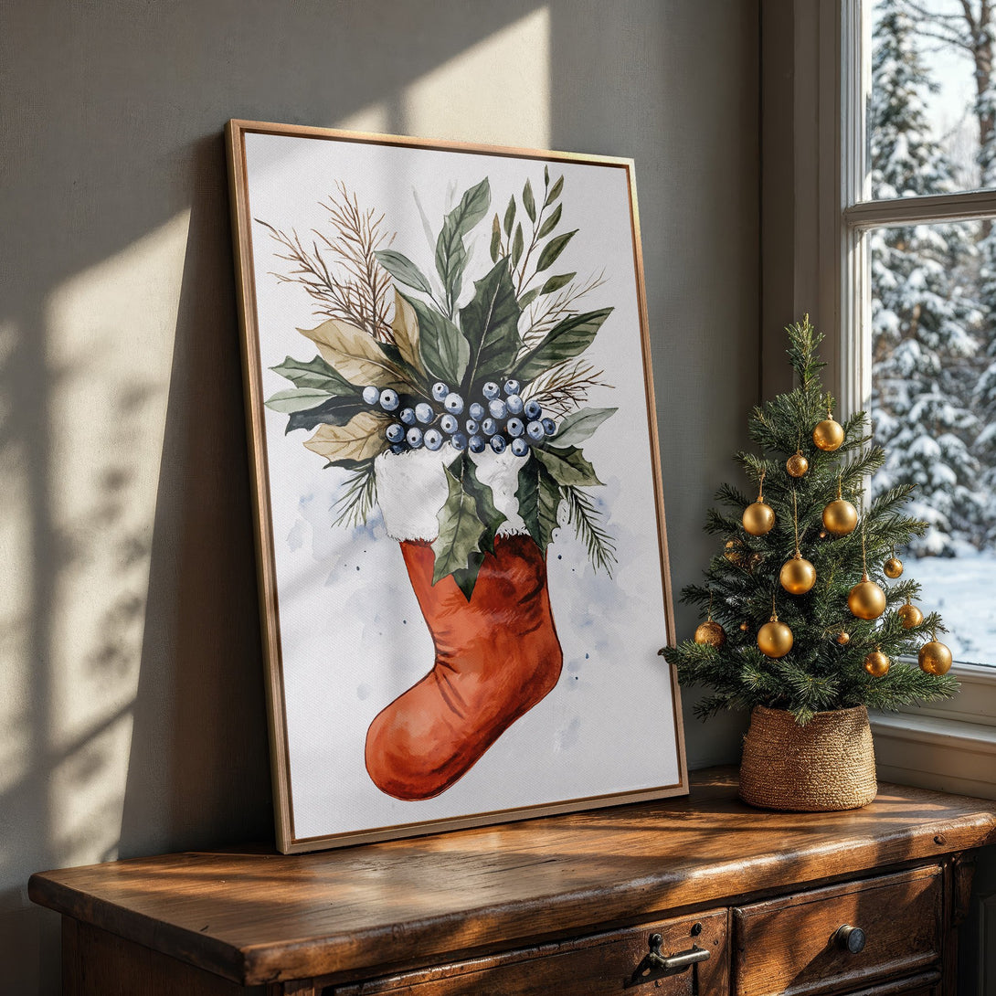 Framed Wall Art: Watercolor Christmas stocking print with greenery & berries. Warm, inviting color palette in a cozy interior setting. Perfect holiday decor.