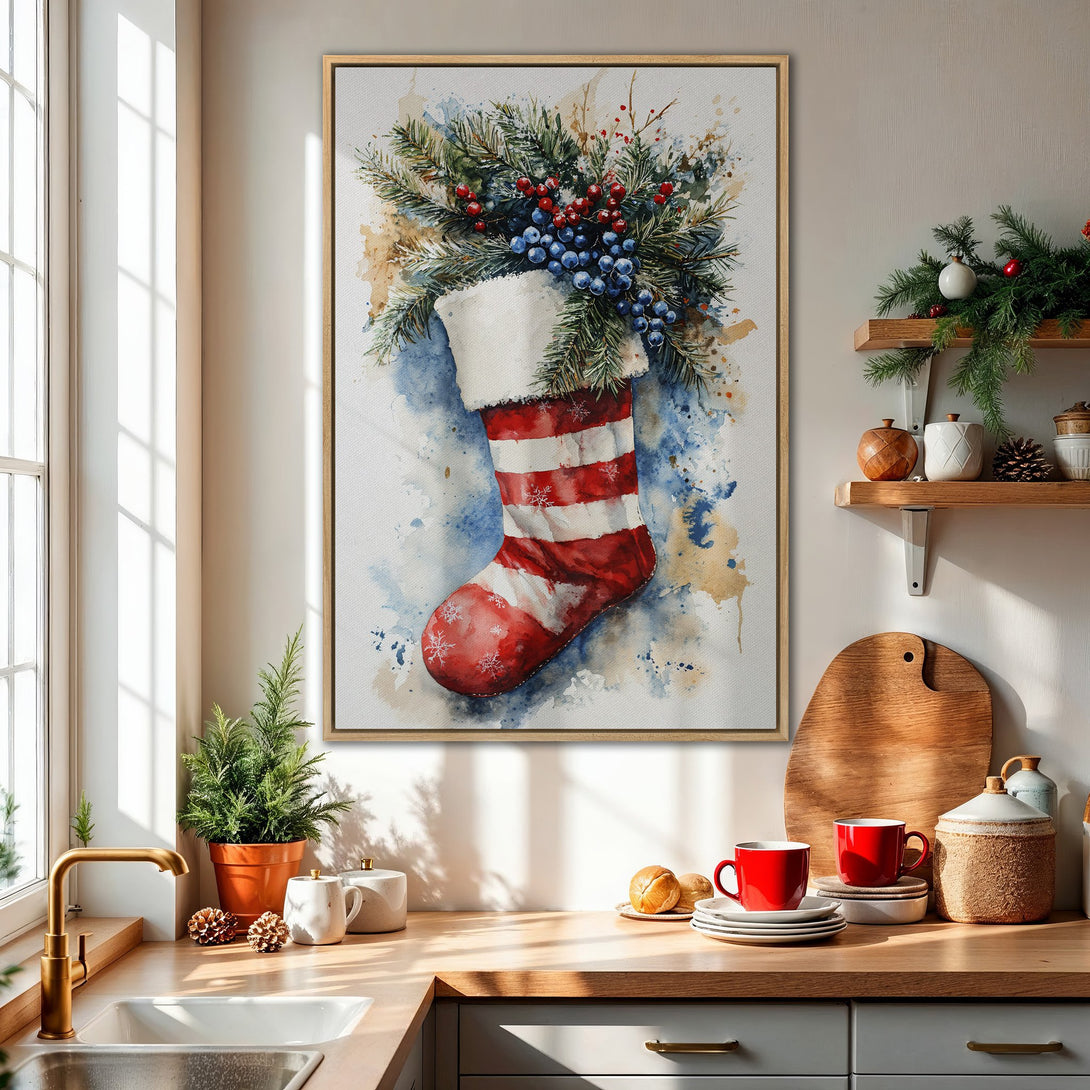 Framed Wall Art: Watercolor Christmas stocking print with red, white, and blue hues. Perfect holiday decor for a cozy kitchen. Shop now!