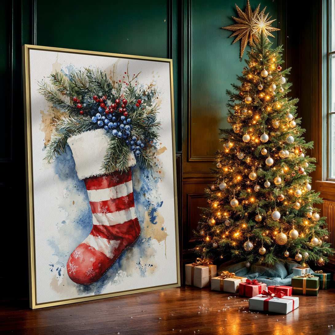 Canvas Print of watercolor Christmas stocking art. Red, white, and blue palette. Perfect holiday wall decor.