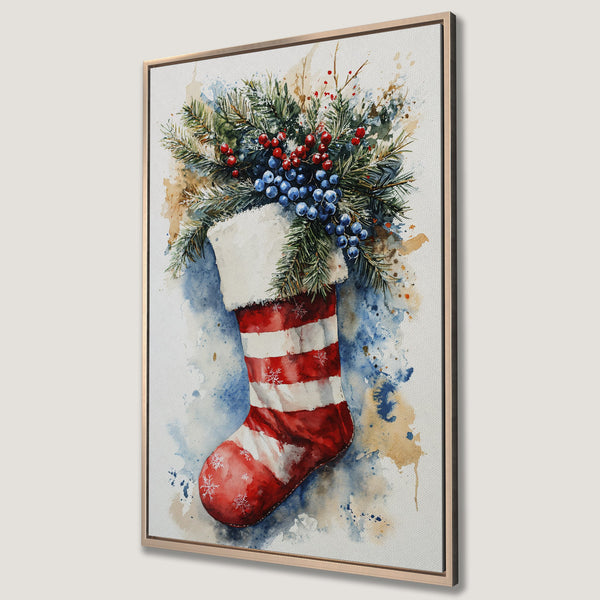 Framed Wall Art: Watercolor Christmas stocking with red & white stripes, berries, and greenery. Festive art in a blue, red, and green color palette. Perfect holiday decor.