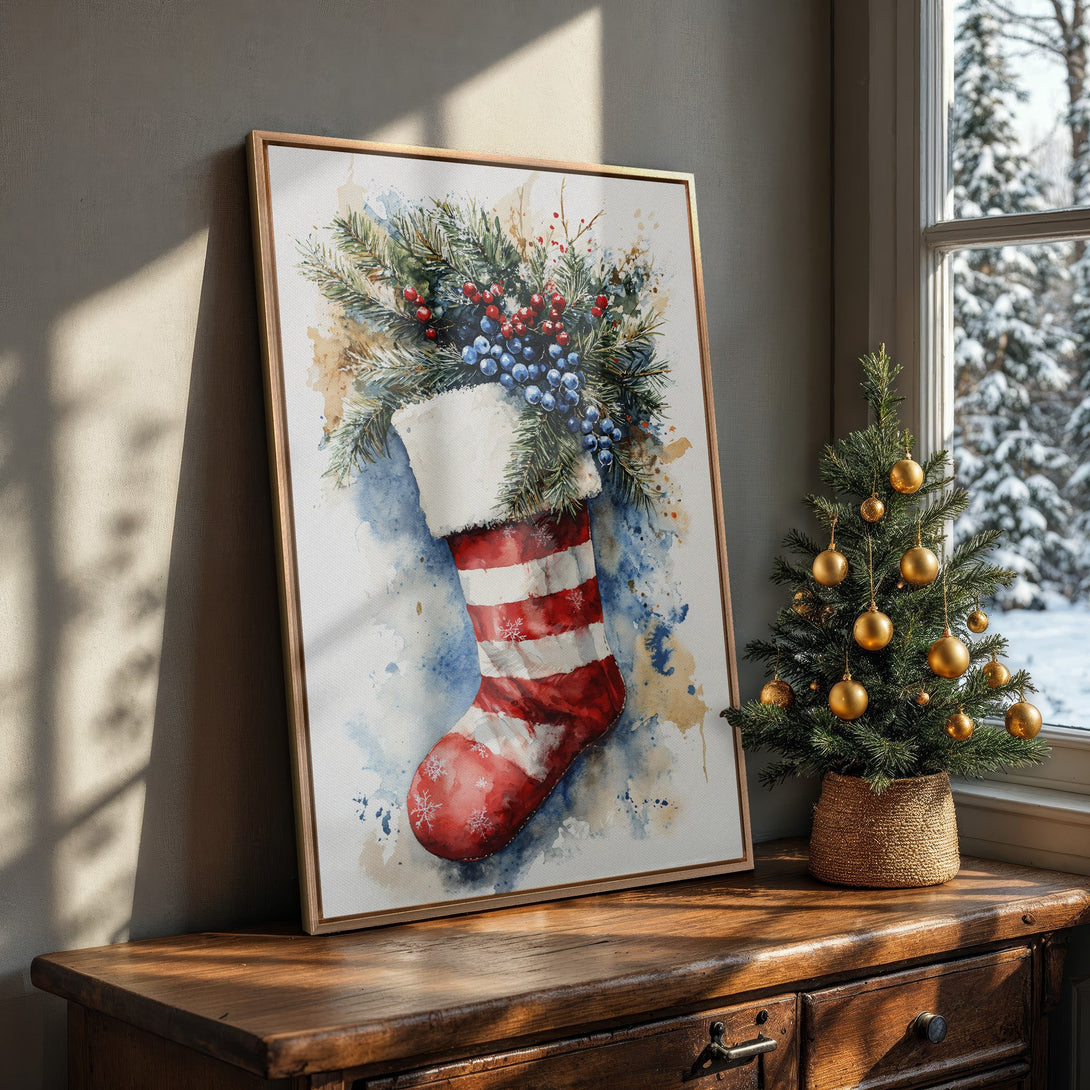 Framed Wall Art: Watercolor Christmas stocking print in red, white, and blue. Festive decor for your home, perfect for the holidays!