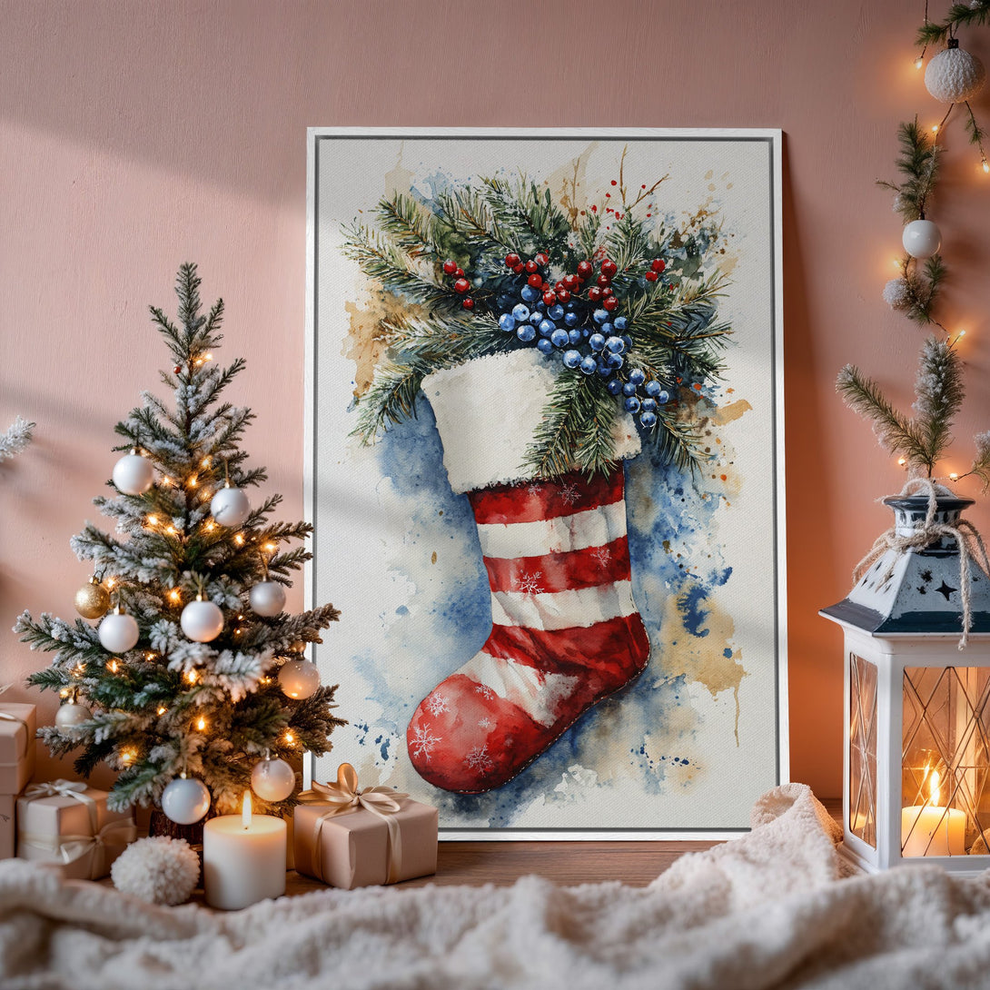 Framed Wall Art: Watercolor Christmas stocking print in red & white, perfect holiday decor. Artistic style with a cozy, festive feel.