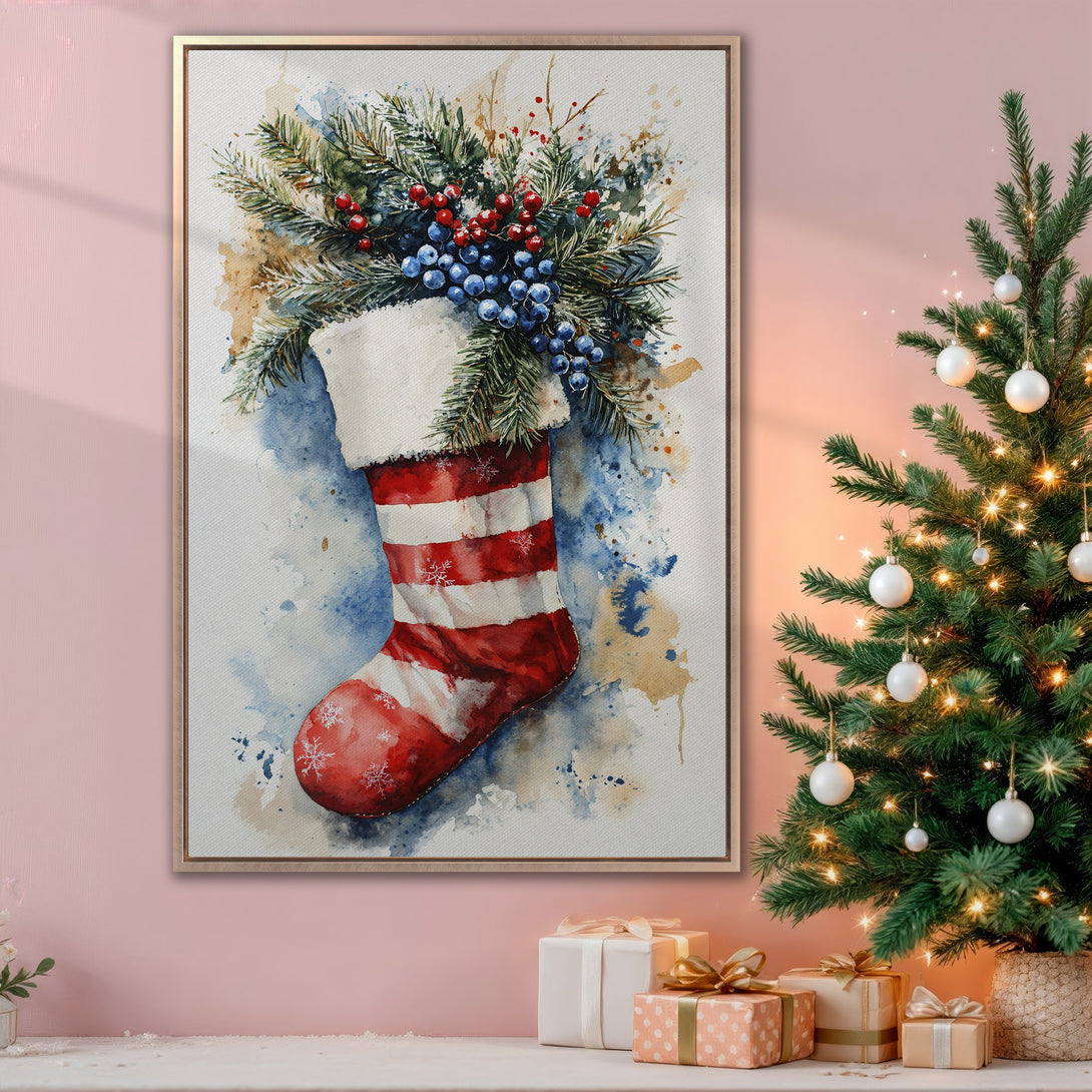 Framed Wall Art: Watercolor Christmas stocking print with festive red, blue, and green hues. Perfect holiday decor for your home!
