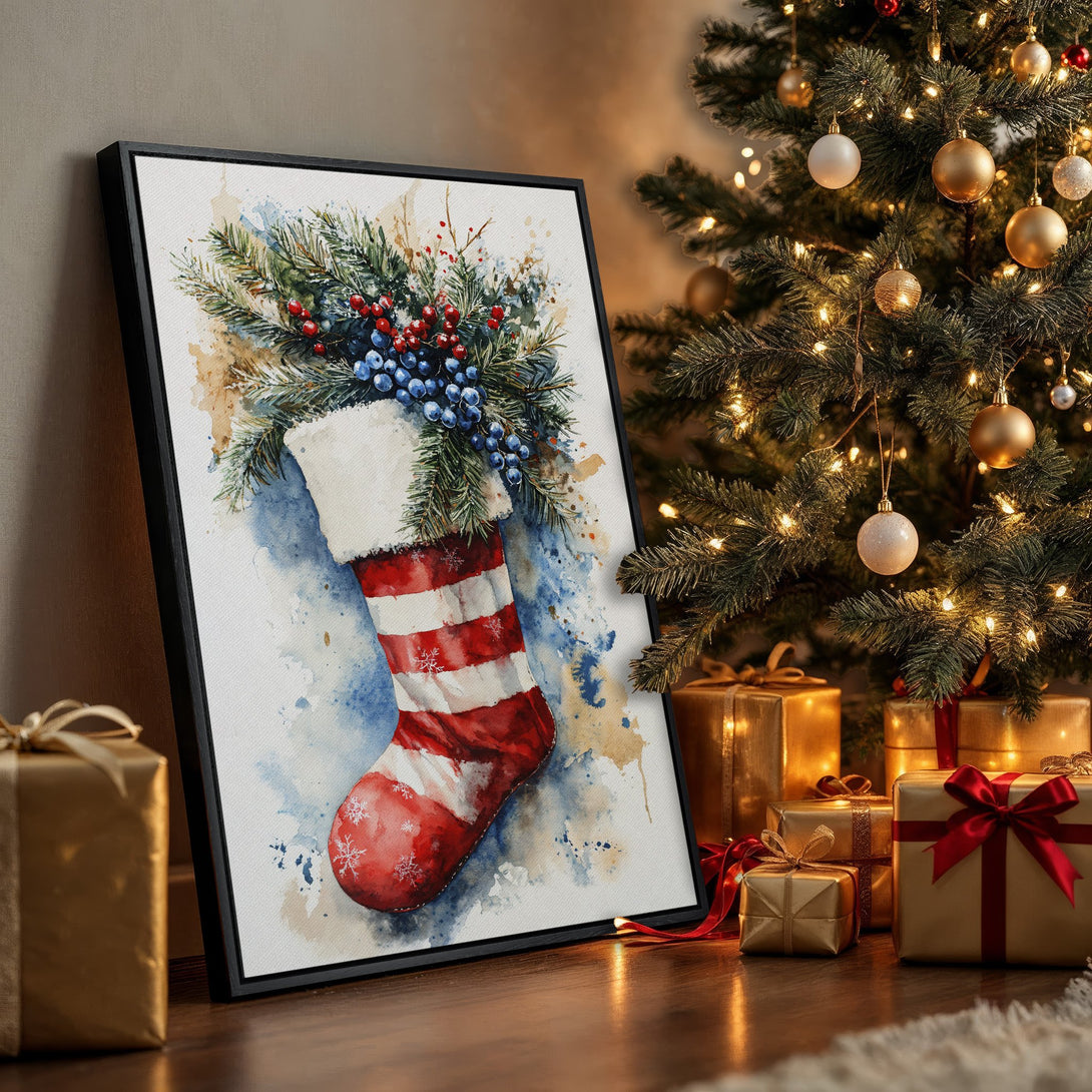 Framed Wall Art: Watercolor Christmas stocking print in red, blue, and green. Festive holiday decor, perfect for adding cozy charm to your home.