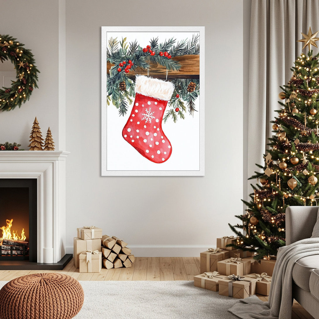 Framed Poster featuring a watercolor Christmas stocking with a festive red and green palette. Perfect holiday decor!