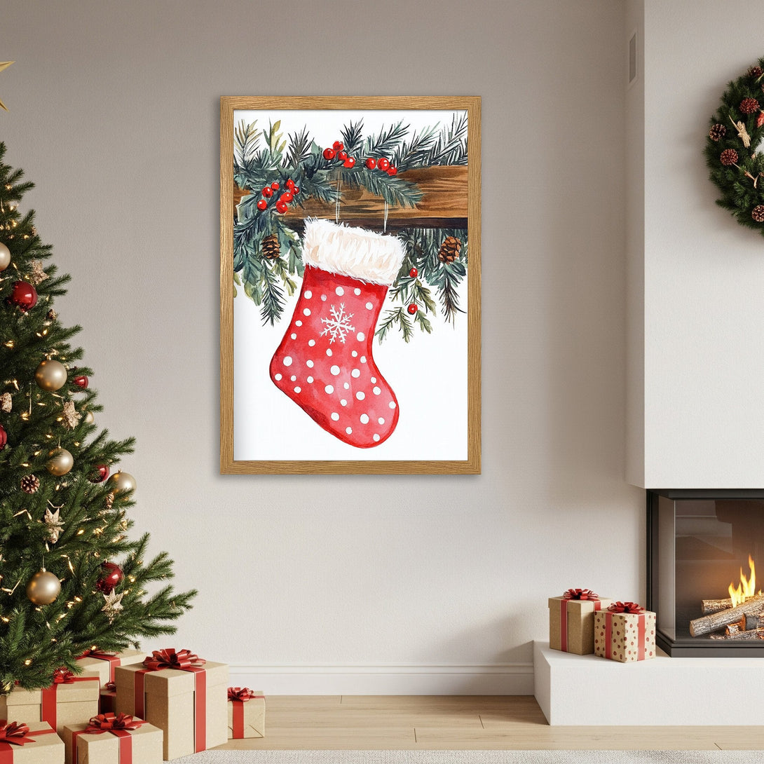 Framed Poster featuring a watercolor Christmas stocking. Festive style with red, green, and white color palette. Perfect holiday decor!