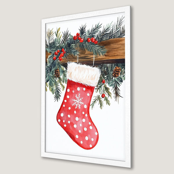 Framed Poster of a watercolor Christmas stocking with festive greenery and red berries. Warm, inviting color palette. Perfect holiday decor.