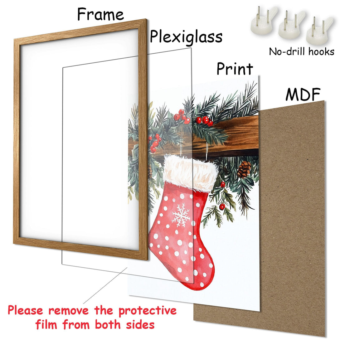 Framed Poster featuring a watercolor Christmas stocking with a festive red and green color palette. Perfect holiday decor!