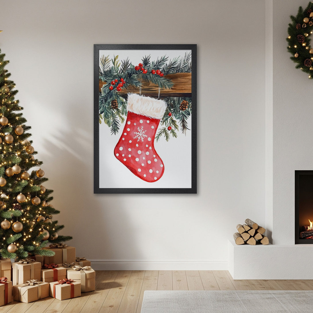 Framed Poster featuring a watercolor Christmas stocking, festive style with red, green, and white color palette. Perfect holiday decor!