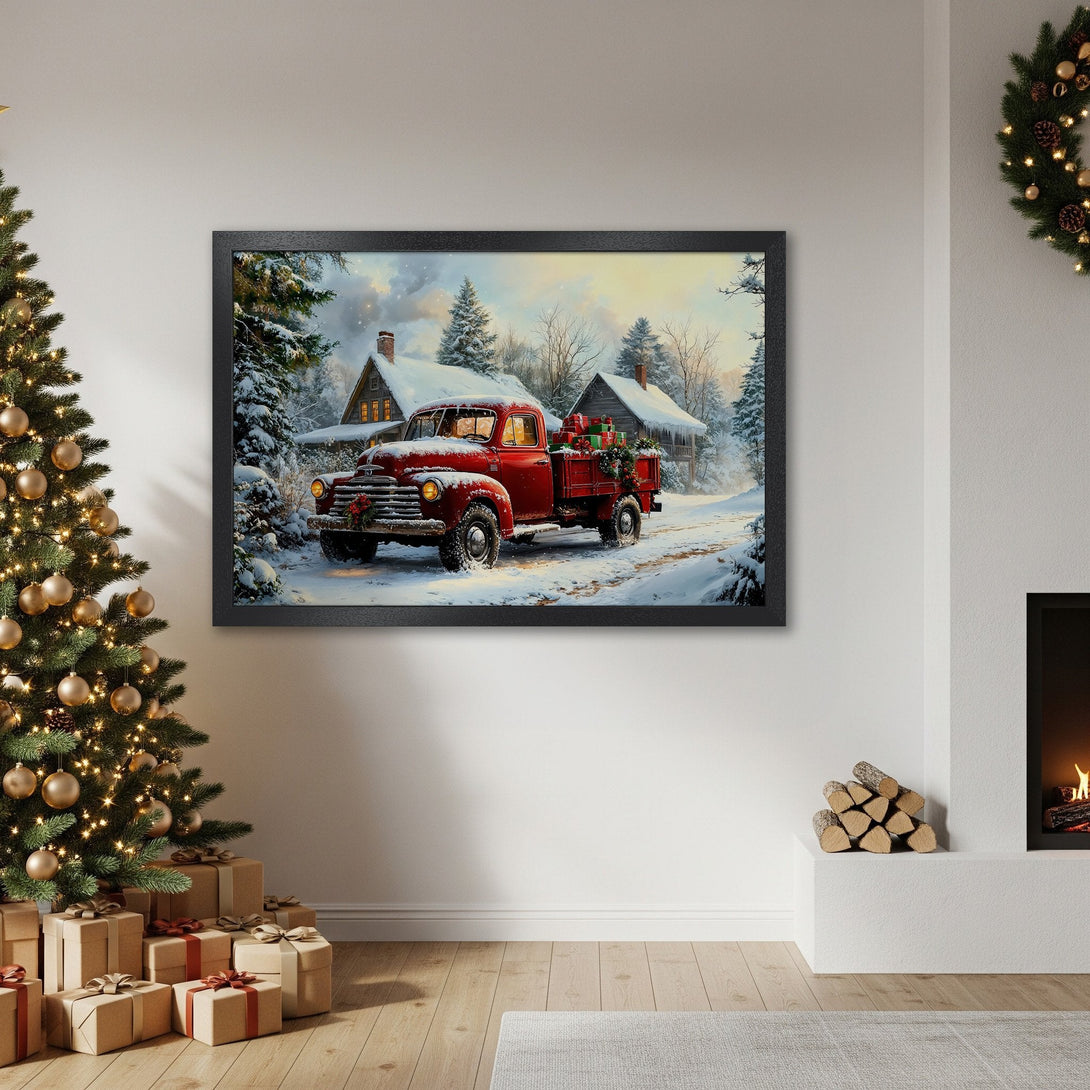 Framed Poster featuring a vintage red truck in a snowy winter scene. Warm, inviting color palette perfect for holiday decor.