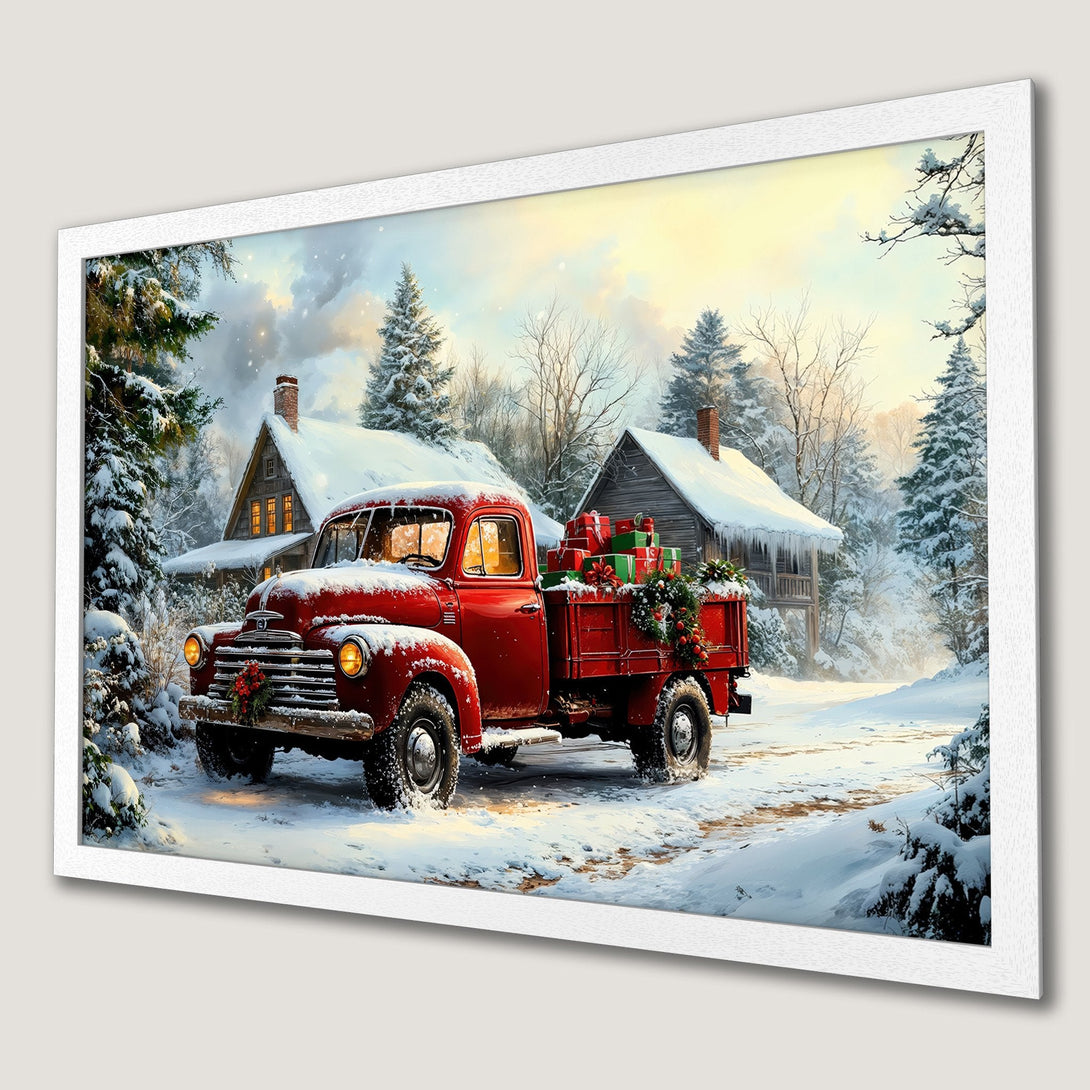 Framed Poster of a vintage red truck in a snowy winter scene, perfect for holiday decor. Warm, inviting color palette.