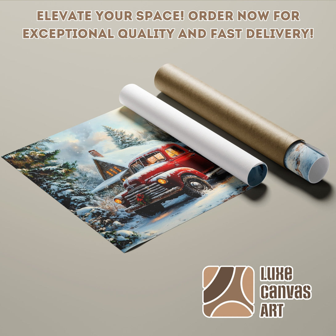 Poster Roll featuring a winter scene with a red truck, artistic style, cool color palette.