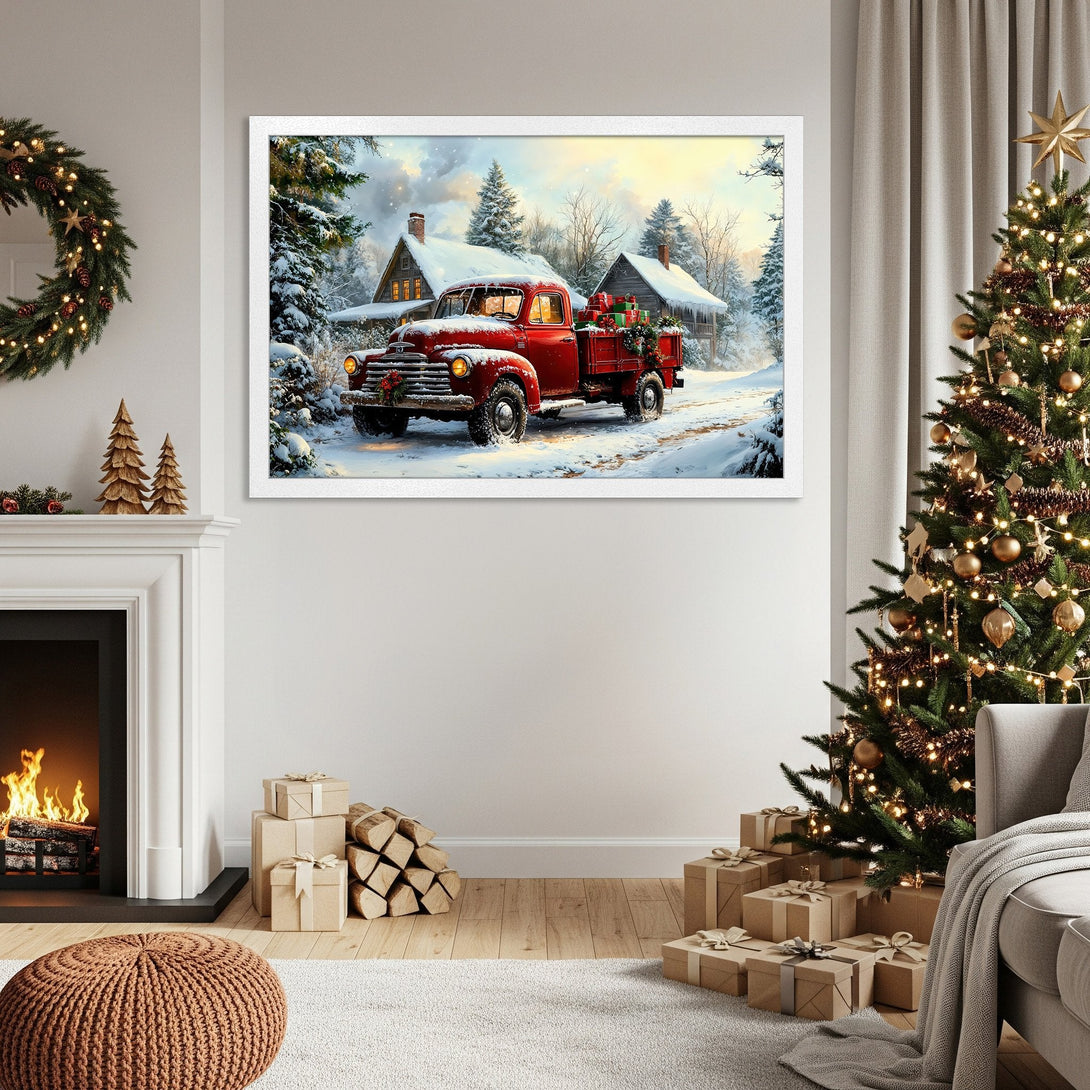 Framed Poster featuring a vintage red truck in a snowy winter scene. Cozy holiday art with a warm, inviting color palette. Perfect Christmas decor!