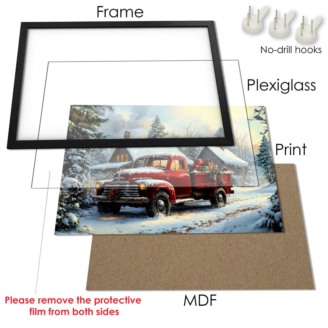 Framed Poster featuring a vintage red truck in a snowy winter scene. Warm color palette, perfect for holiday decor.