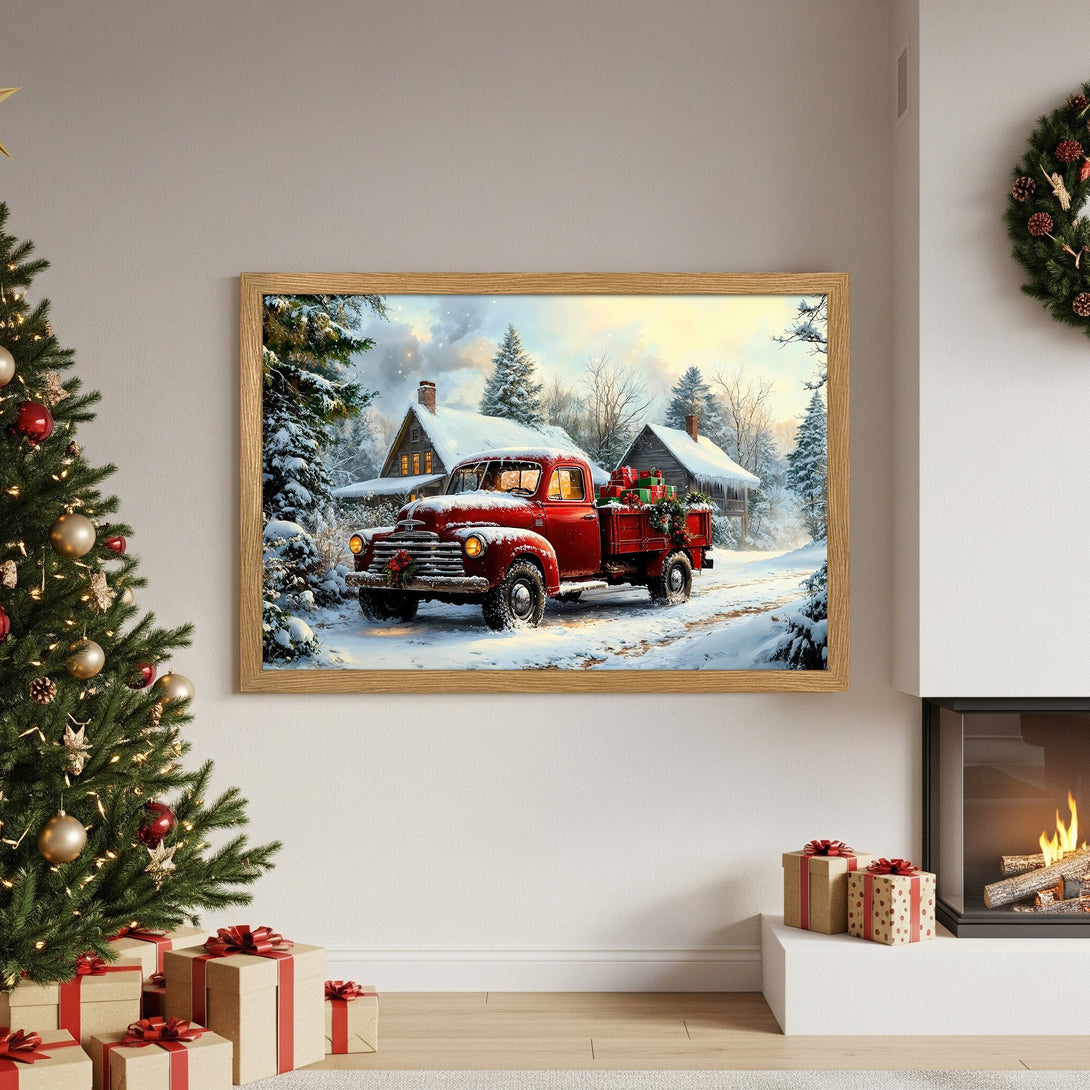Framed Poster featuring a red truck in a snowy winter scene, warm color palette, perfect for Christmas decor.