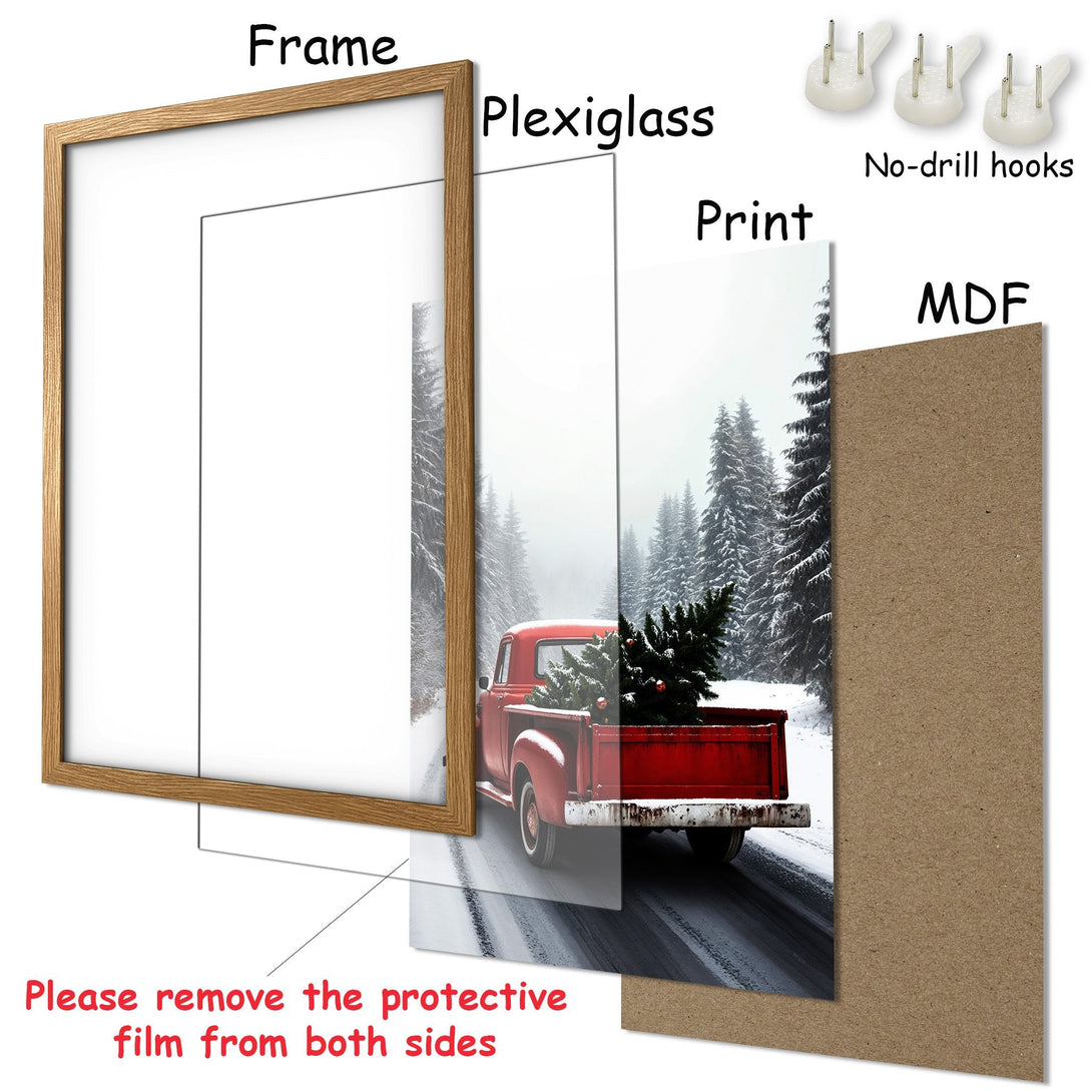 Framed Poster featuring a red truck with a Christmas tree in a snowy forest scene. Rustic style with a red, white, and green color palette.
