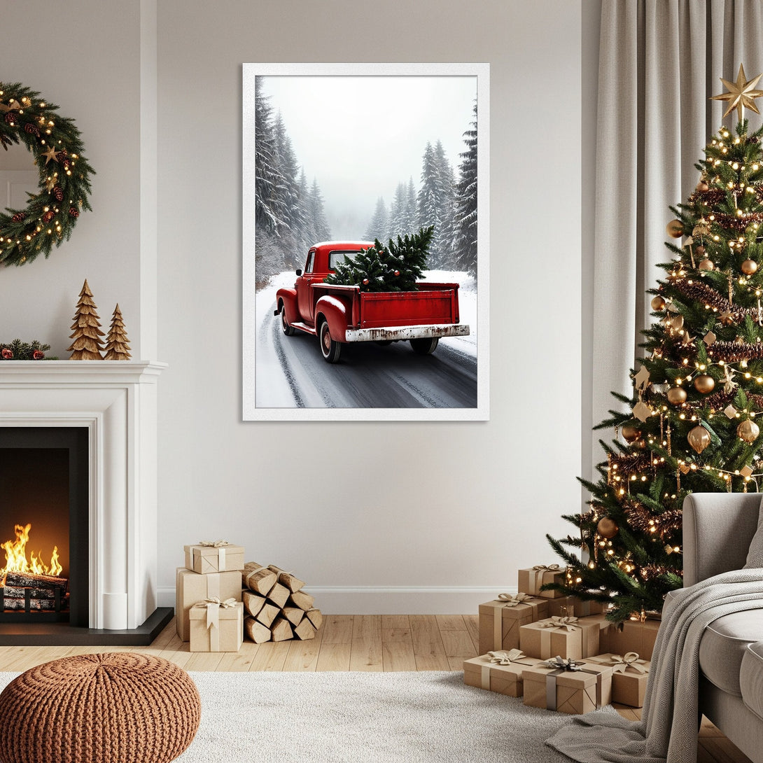 Framed Poster of red truck with Christmas tree in snowy forest. Rustic style, red, white, and green color palette. Perfect holiday decor.