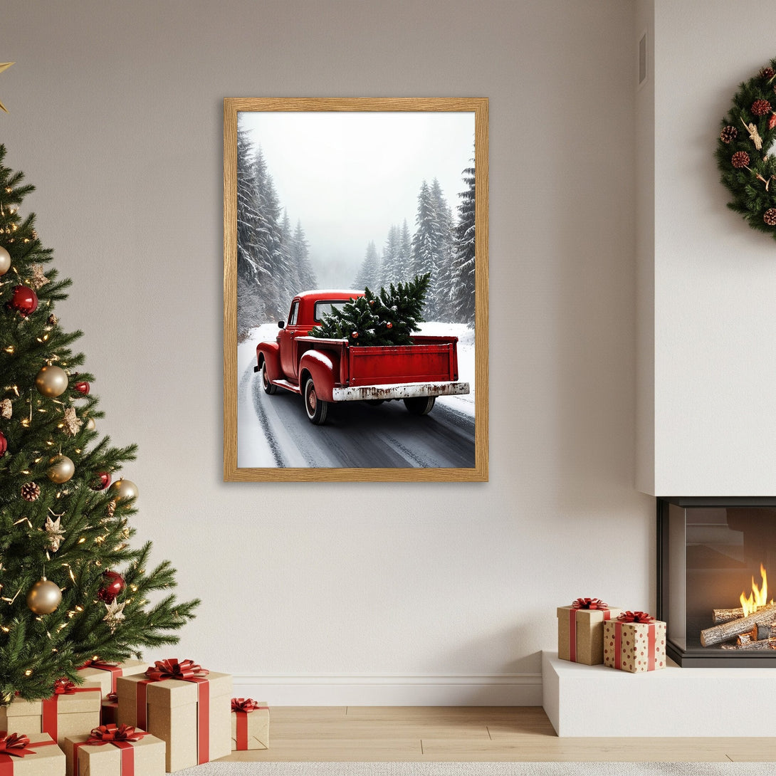 Framed Poster featuring a vintage red truck carrying a Christmas tree on a snowy road. Rustic style, warm red & neutral palette. Perfect holiday decor.