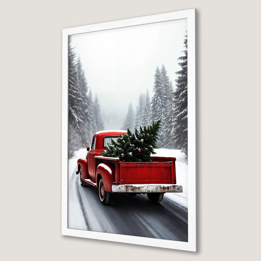Framed Poster featuring a vintage red truck with a Christmas tree in a snowy forest, rustic style, red and white color palette.