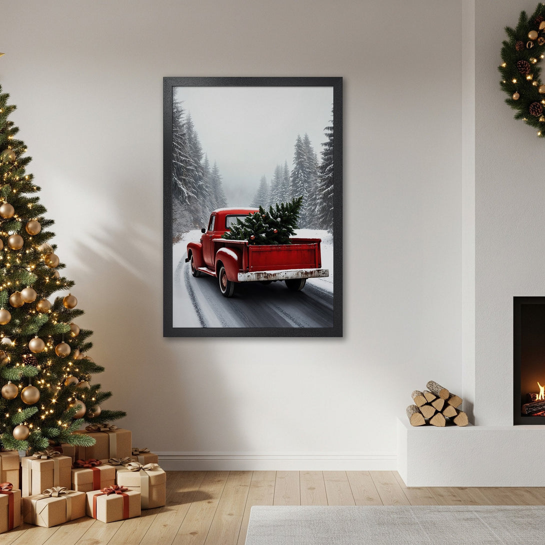Framed Poster featuring a vintage red truck carrying a Christmas tree in a snowy forest scene. Cozy, festive vibes with a red, white, and green color palette.