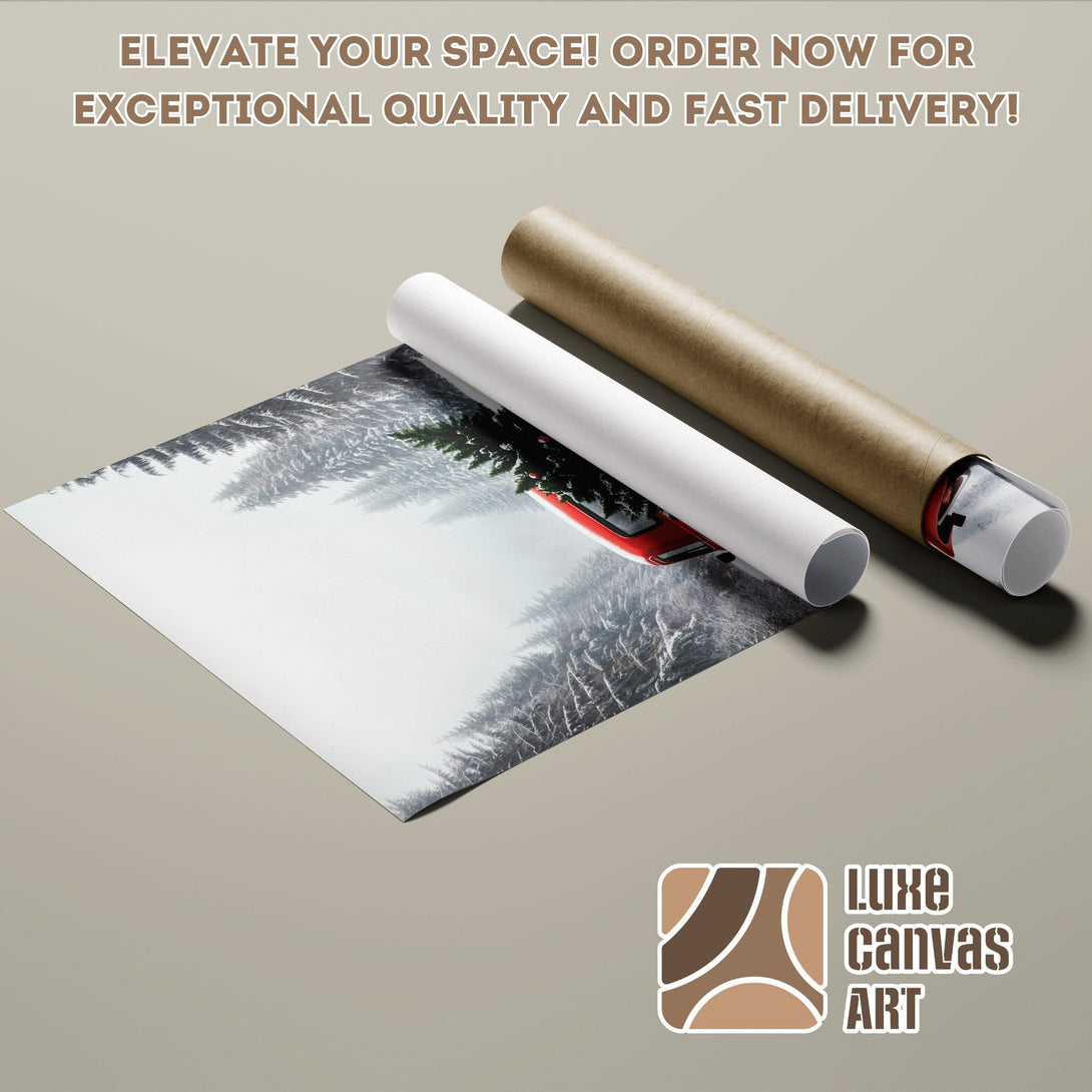 Poster Roll featuring a winter scene with a red car. Neutral tones, modern style. Order now!