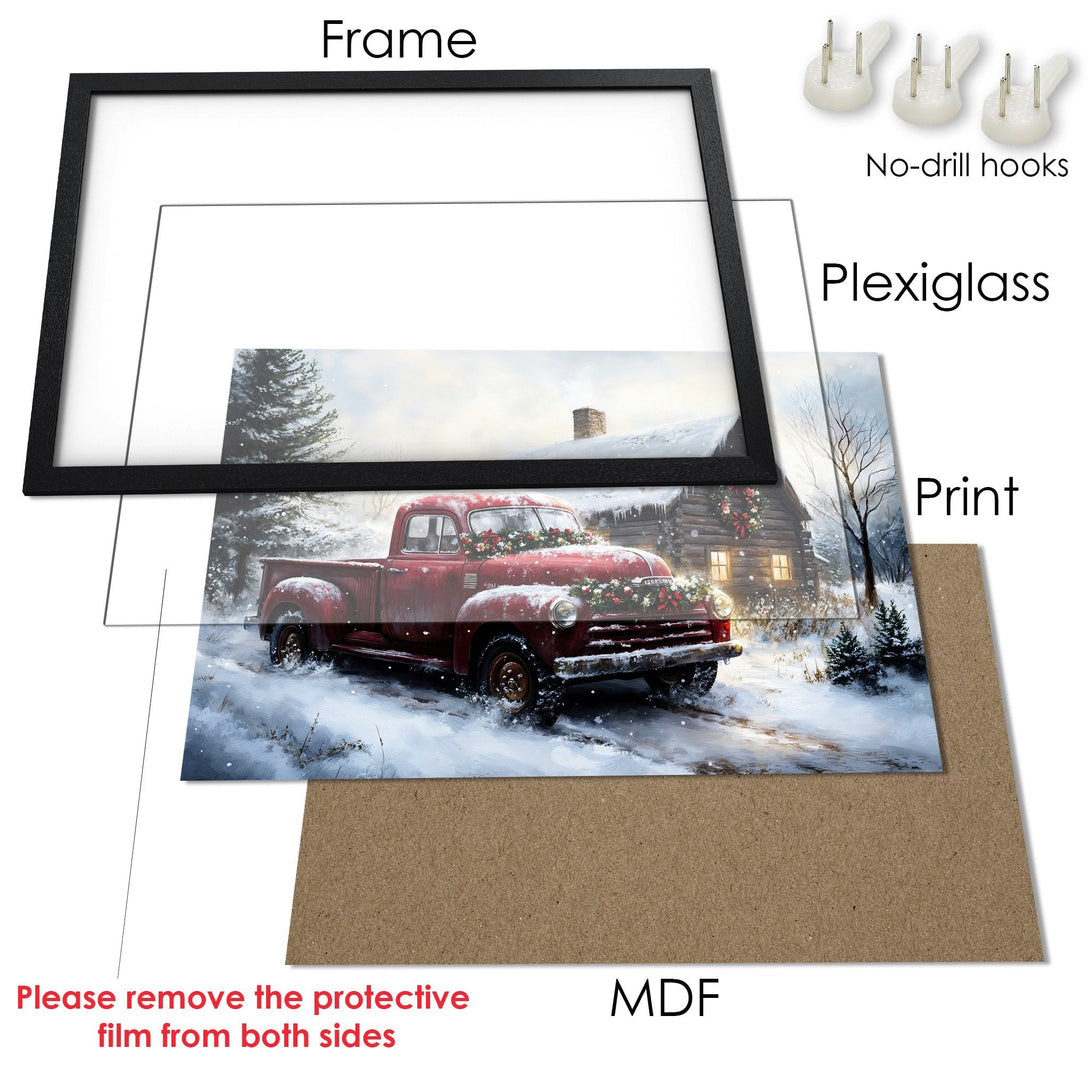 Framed Poster featuring a red truck in a snowy winter scene. Rustic style with a warm, inviting color palette. Perfect holiday decor!