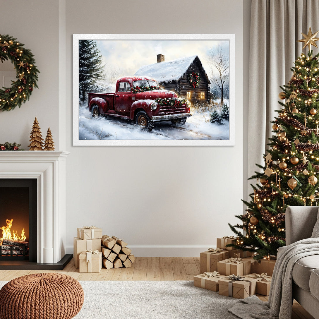 Framed Poster of a red truck in winter, cozy cabin scene. Rustic style, warm red, white, and green color palette. Perfect holiday decor.