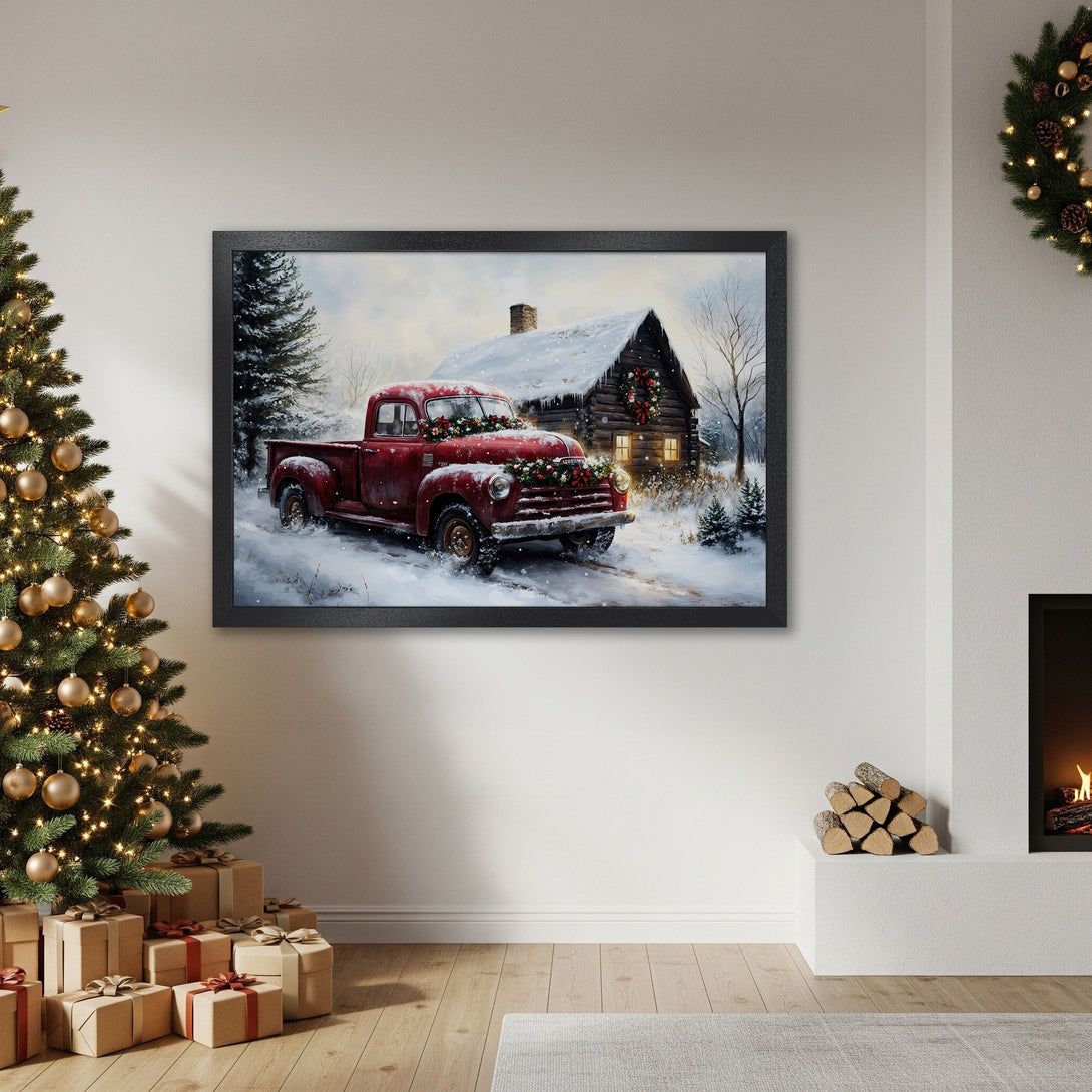 Framed Poster featuring a vintage red truck in a snowy winter scene. Rustic style with a warm, inviting color palette. Perfect holiday decor!
