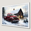 Festive Red Truck Art Poster | Rustic Cabin Winter Scene
