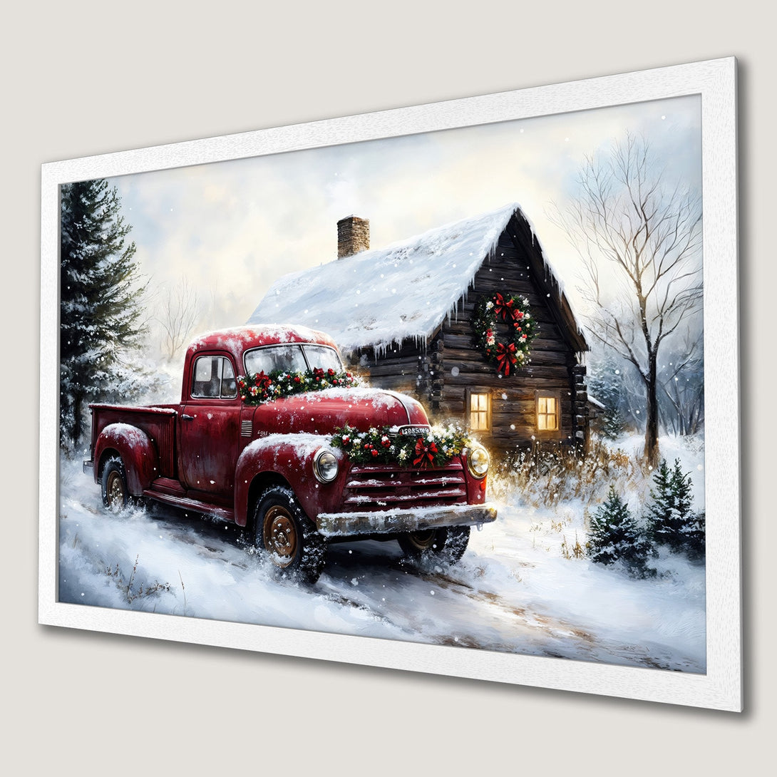 Framed Poster of a vintage red truck in a snowy winter scene, rustic style, warm color palette. Perfect holiday decor!
