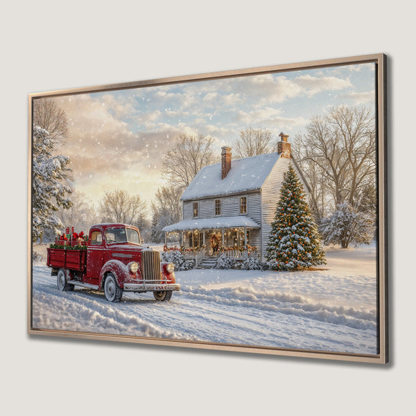 Framed Wall Art: Cozy winter scene with red truck, snow-covered house, and Christmas tree. Warm, inviting color palette. Perfect holiday decor.