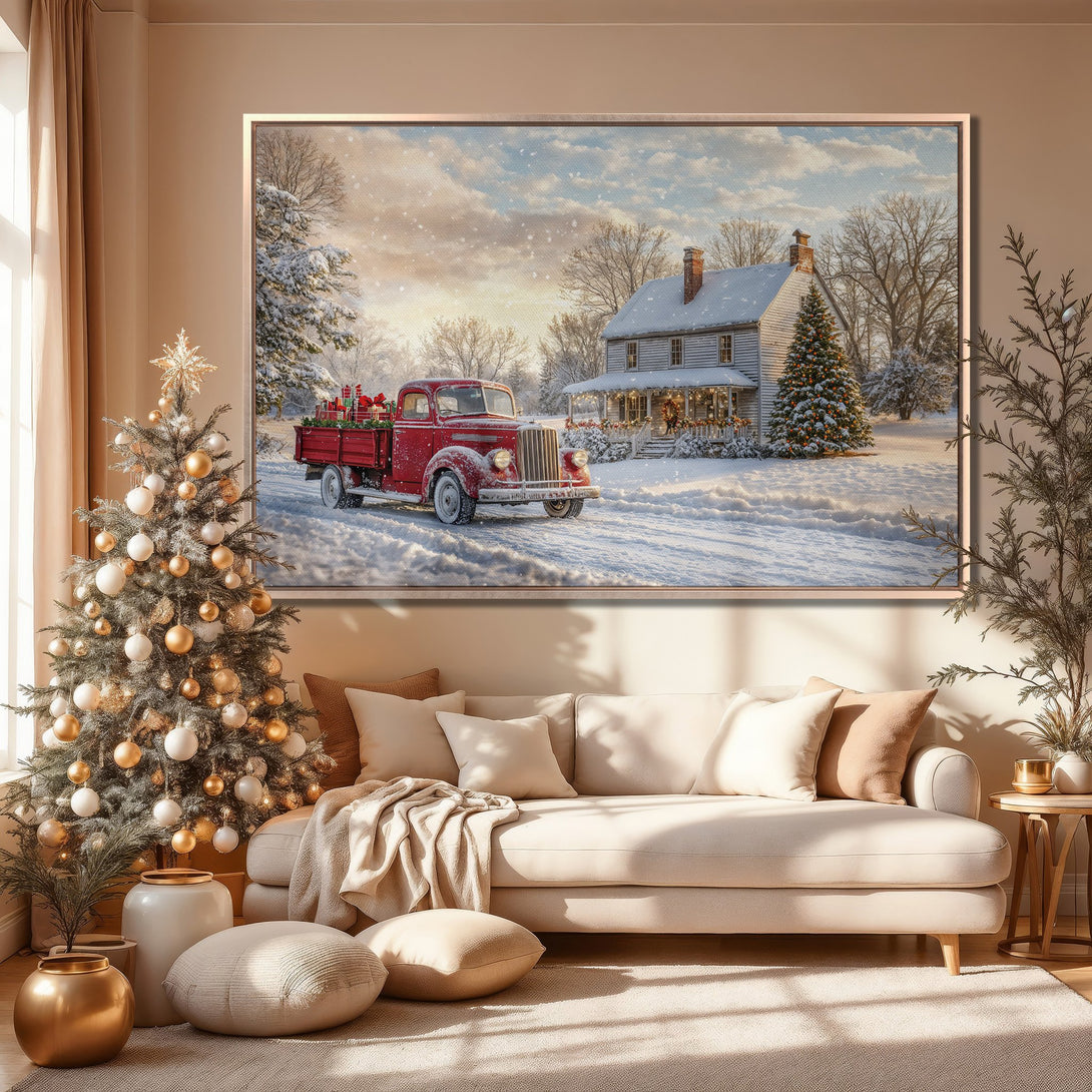 Framed Wall Art featuring a vintage red truck in a snowy winter scene. Warm, neutral color palette perfect for cozy holiday decor.